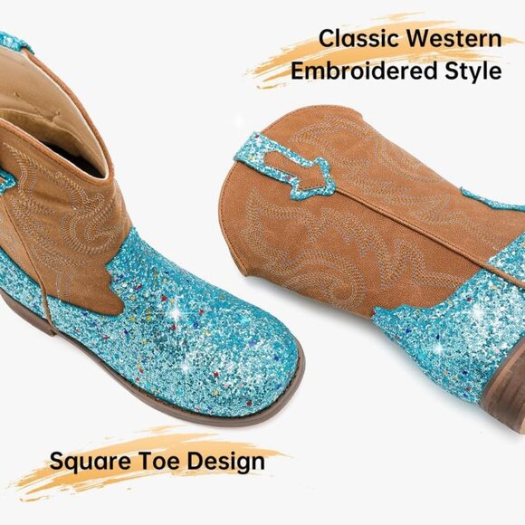 Kids Blue Sequins Boots Glitter Toddler Little Big Mid Western Riding Shoes - Picture 6 of 7